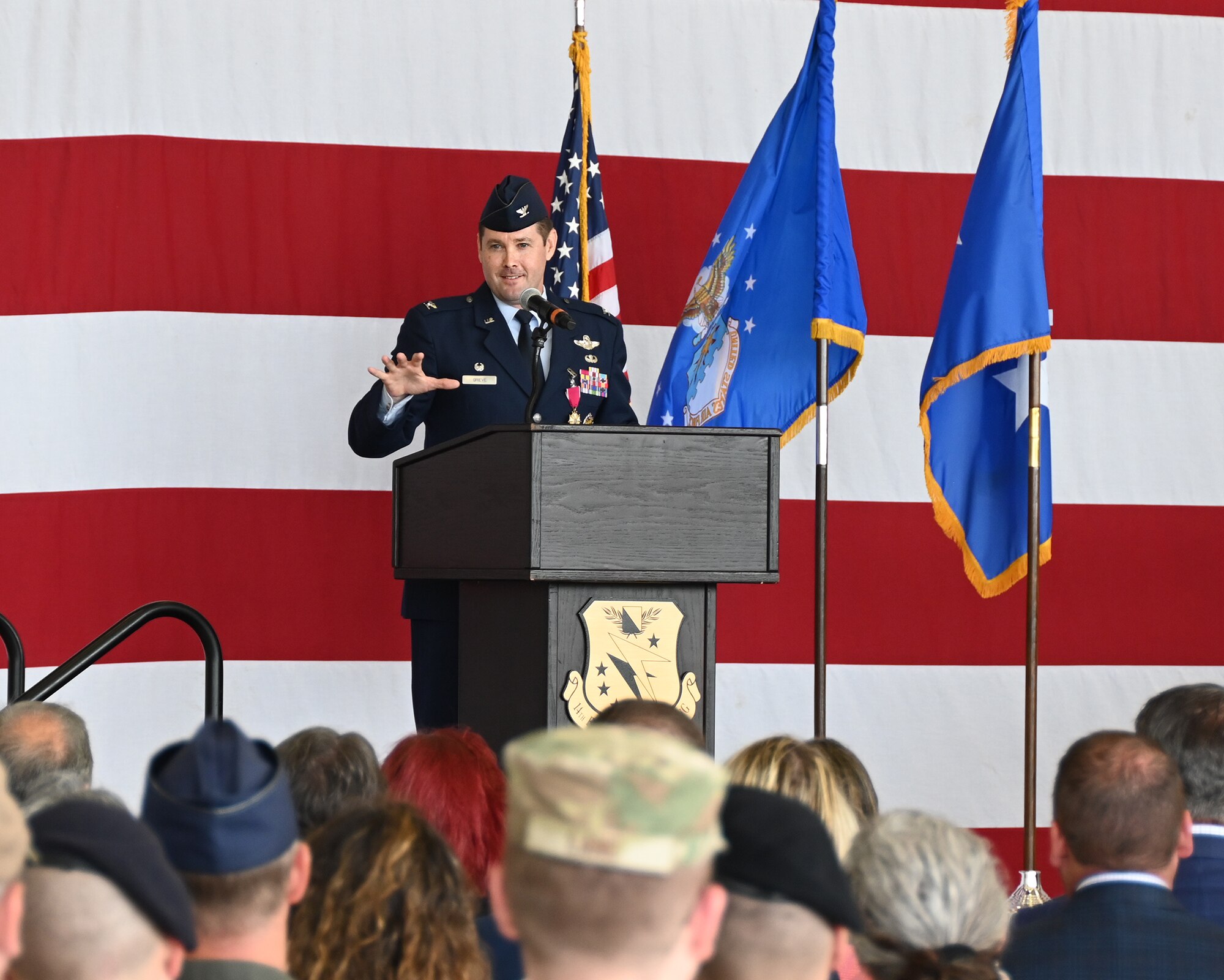 Col. Grieve speaking to the 14th Flying Training Wing.