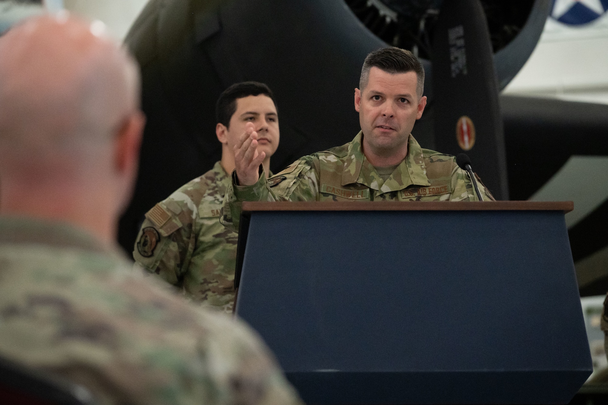 U.S. Air Force Maj. James Cashwell gives his first address as the 436th Contracting Squadron commander during the 436th CONS change of command ceremony at Dover Air Force Base, Delaware, June 18, 2024. The ceremony saw Maj. Ryan Coker relinquish command to Cashwell. (U.S. Air Force photo by Dieondiere Jefferies)