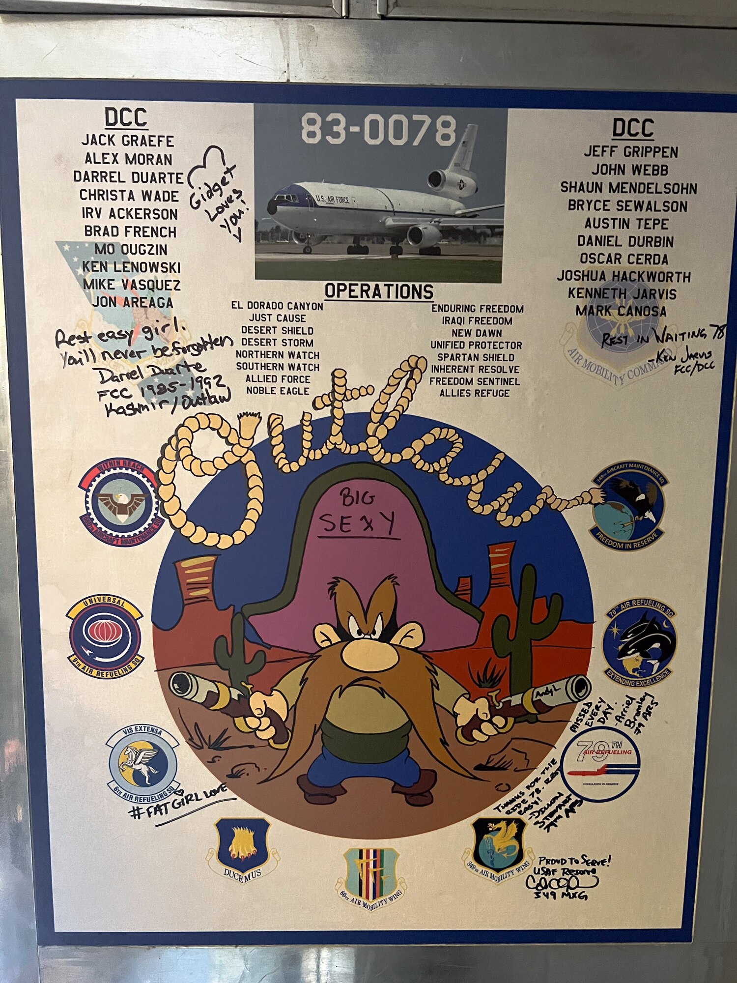 This is the memorial created by Master Sgt. Kenneth Jarvis, crew chief in honor of the KC-10A Extender. It was signed by the aircrew and the operational function for the aircraft.