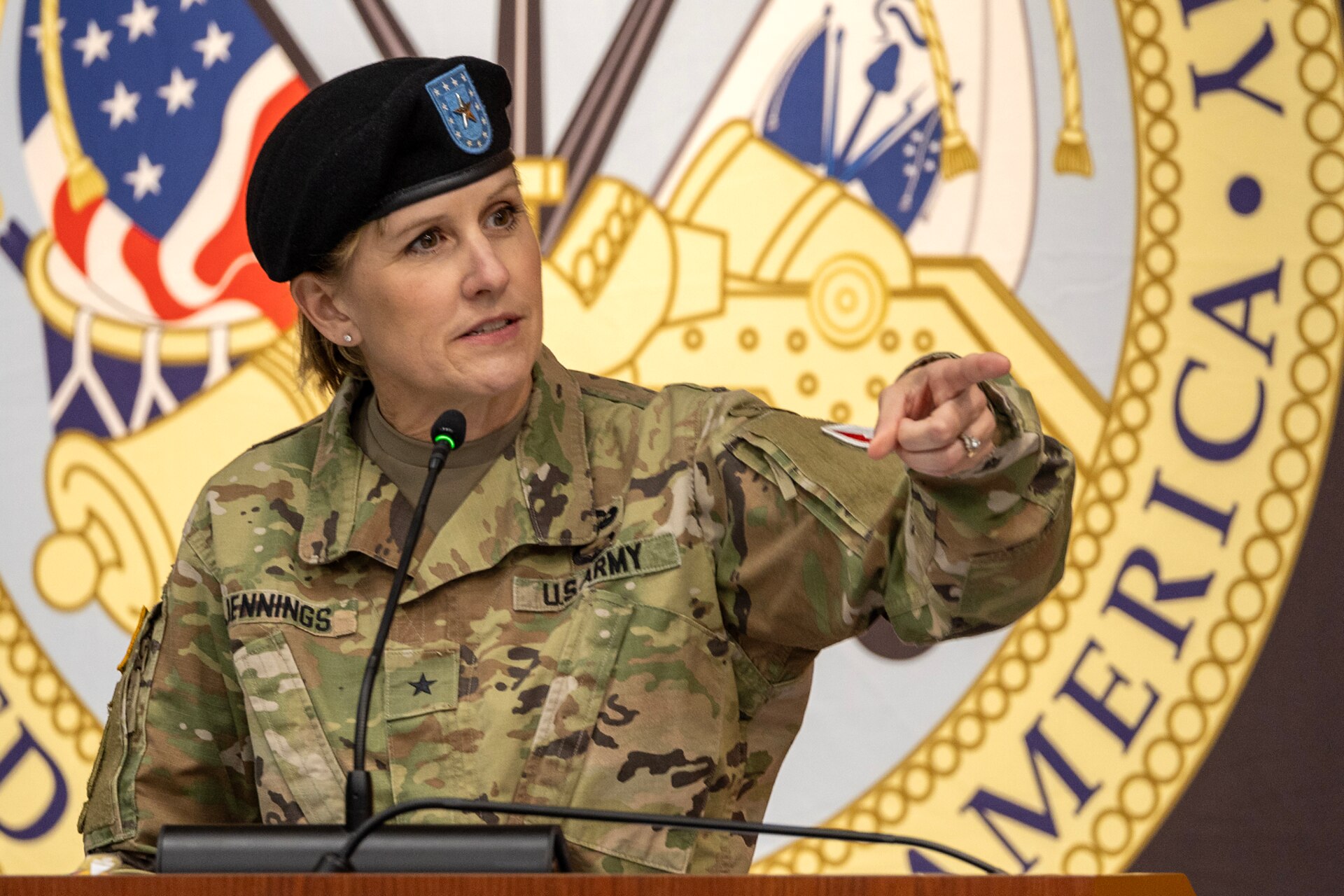 Brig. Gen. Paige M. Jennings, outgoing U.S. Army Financial Management Command commanding general, delivers remarks during a USAFMCOM change of command ceremony at the Maj. Gen. Emmett J. Bean Federal Center in Indianapolis June 18, 2024. USAFMCOM delivers precision enterprise-wide financial operations to integrate, synchronize and sustain the battlefield through the Joint Strategic Support Area and directly supports the Office of the Assistant Secretary of the Army for Financial Management and Comptroller in their role as the principal advisor on all matters related to financial management and comptrollership. (U.S. Army photo by Mark R. W. Orders-Woempner)