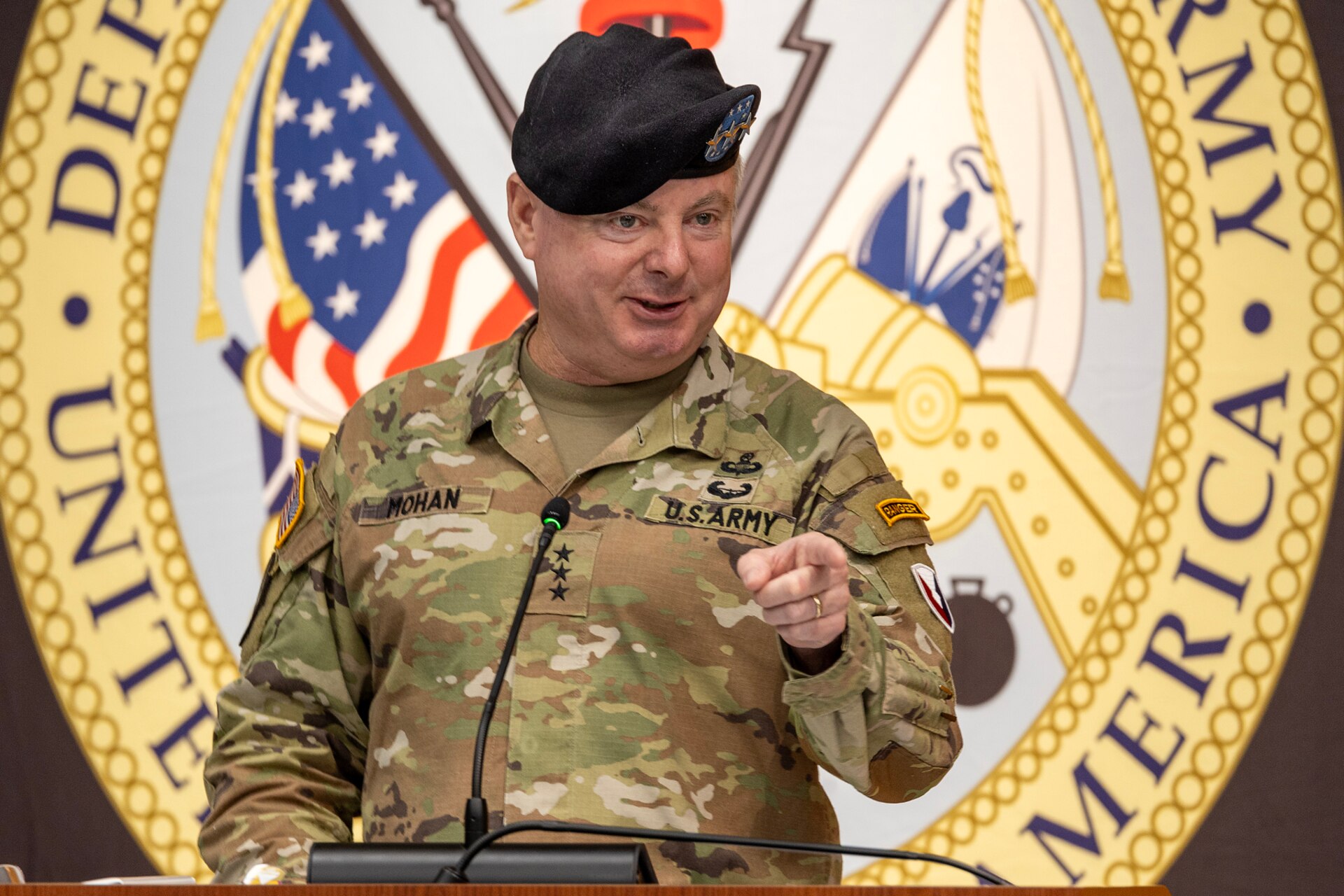 Lt. Gen. Christopher O. Mohan, U.S. Army Materiel Command deputy commanding general and acting commander, delivers remarks during a U.S. Army Financial Management Command change of command ceremony at the Maj. Gen. Emmett J. Bean Federal Center in Indianapolis June 18, 2024. USAFMCOM delivers precision enterprise-wide financial operations to integrate, synchronize and sustain the battlefield through the Joint Strategic Support Area and directly supports the Office of the Assistant Secretary of the Army for Financial Management and Comptroller in their role as the principal advisor on all matters related to financial management and comptrollership. (U.S. Army photo by Mark R. W. Orders-Woempner)