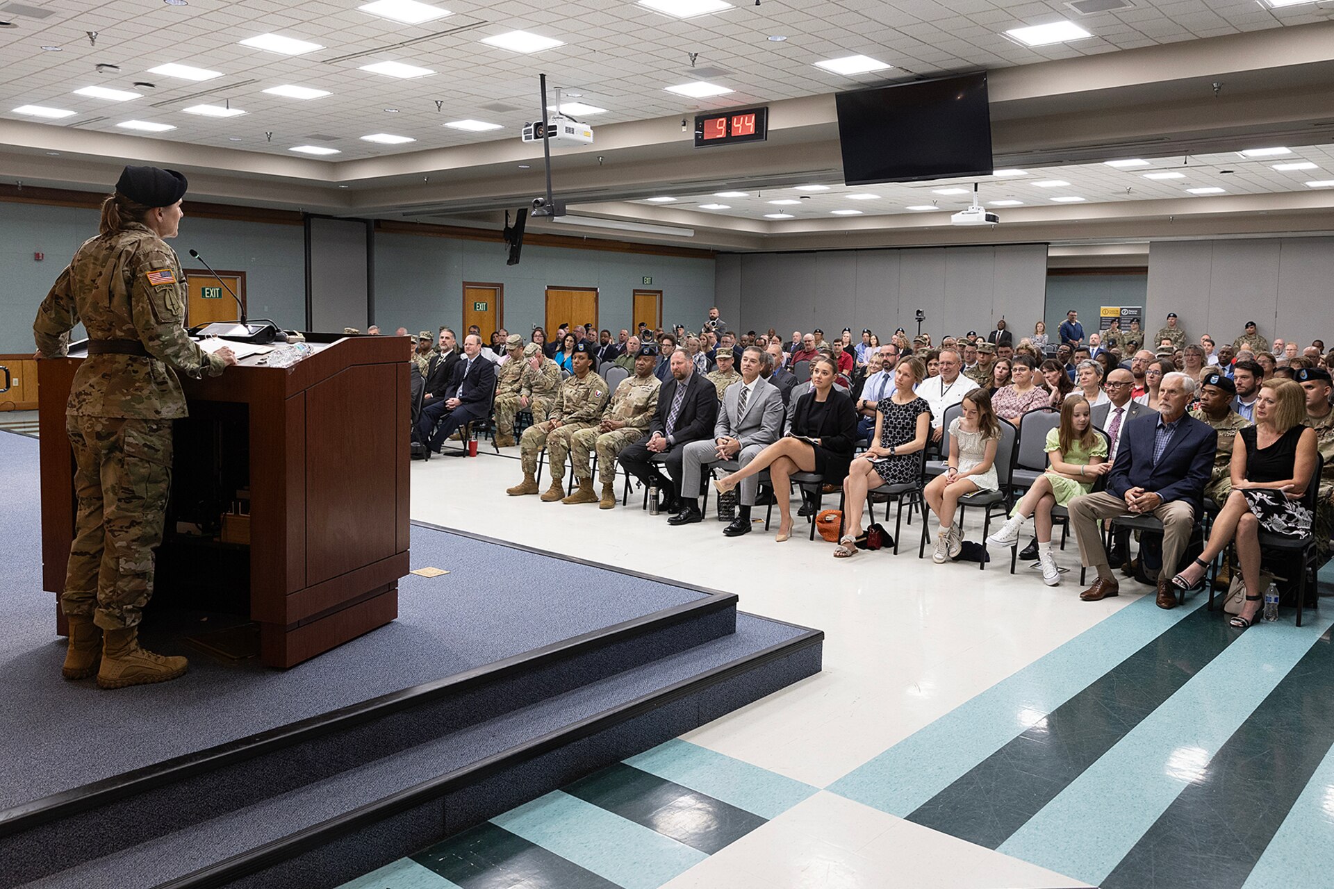 Brig. Gen. Paige M. Jennings, outgoing U.S. Army Financial Management Command commanding general, delivers remarks during a USAFMCOM change of command ceremony at the Maj. Gen. Emmett J. Bean Federal Center in Indianapolis June 18, 2024. USAFMCOM delivers precision enterprise-wide financial operations to integrate, synchronize and sustain the battlefield through the Joint Strategic Support Area and directly supports the Office of the Assistant Secretary of the Army for Financial Management and Comptroller in their role as the principal advisor on all matters related to financial management and comptrollership. (U.S. Army photo by Bradley A. Staggs)