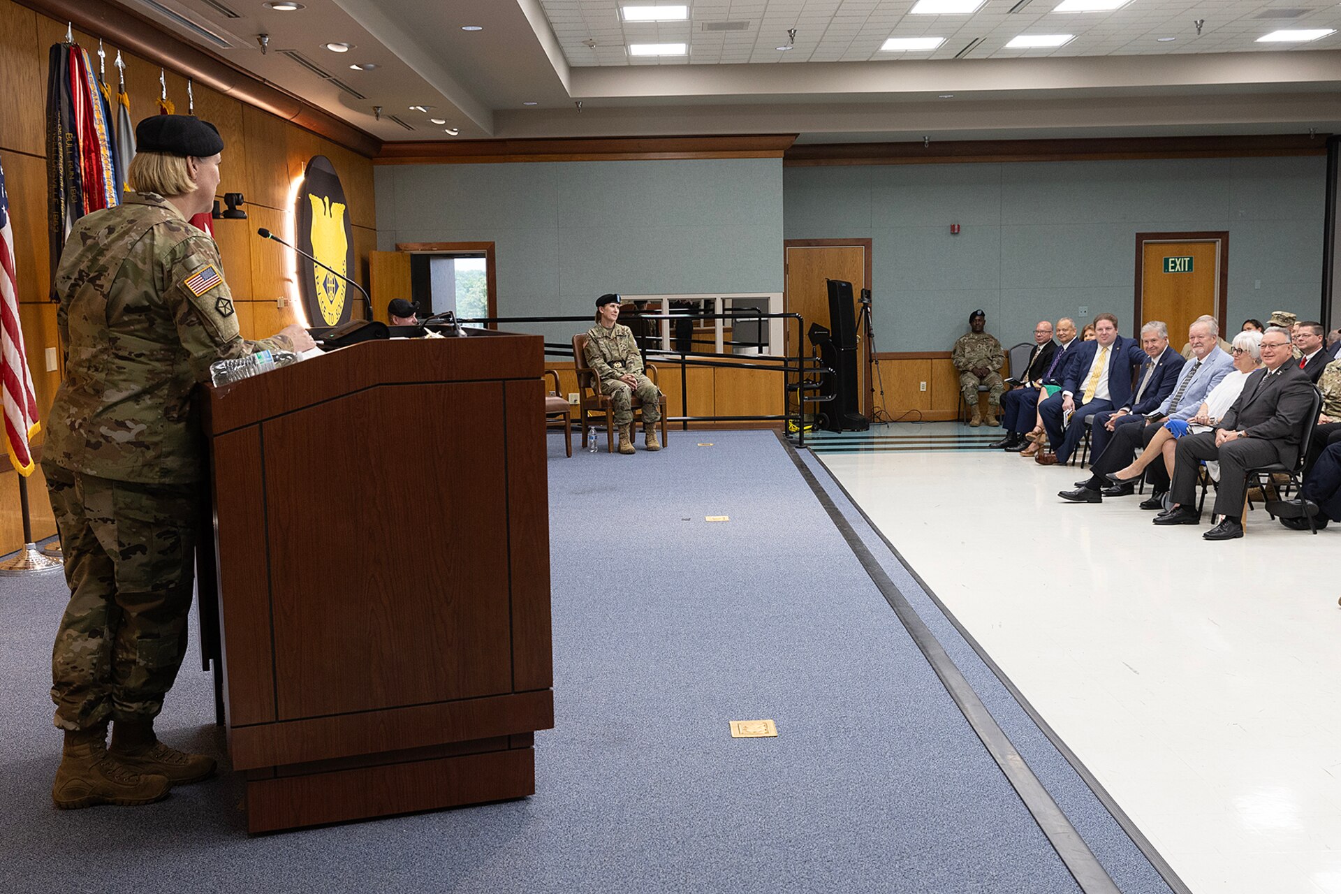 Col. Michelle M. Williams, U.S. Army Financial Management Command commander, delivers remarks during a USAFMCOM change of command ceremony at the Maj. Gen. Emmett J. Bean Federal Center in Indianapolis June 18, 2024. Williams, a St. Louis native, received a Regular Army commission into the Finance Corps in 1999 as a distinguished military graduate of the Florida Institute of Technology’s Army Reserve Officer Training Corps program after earning a Bachelor of Science in business administration. (U.S. Army photo by Bradley A. Staggs)