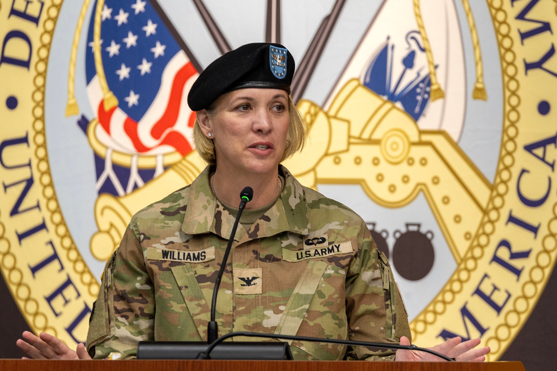 Col. Michelle M. Williams, U.S. Army Financial Management Command commander, delivers remarks shortly after taking command of the two-star organization during a ceremony at the Maj. Gen. Emmett J. Bean Federal Center in Indianapolis June 18, 2024. USAFMCOM delivers precision enterprise-wide financial operations to integrate, synchronize and sustain the battlefield through the Joint Strategic Support Area and directly supports the Office of the Assistant Secretary of the Army for Financial Management and Comptroller in their role as the principal advisor on all matters related to financial management and comptrollership. (U.S. Army photo by Mark R. W. Orders-Woempner)
