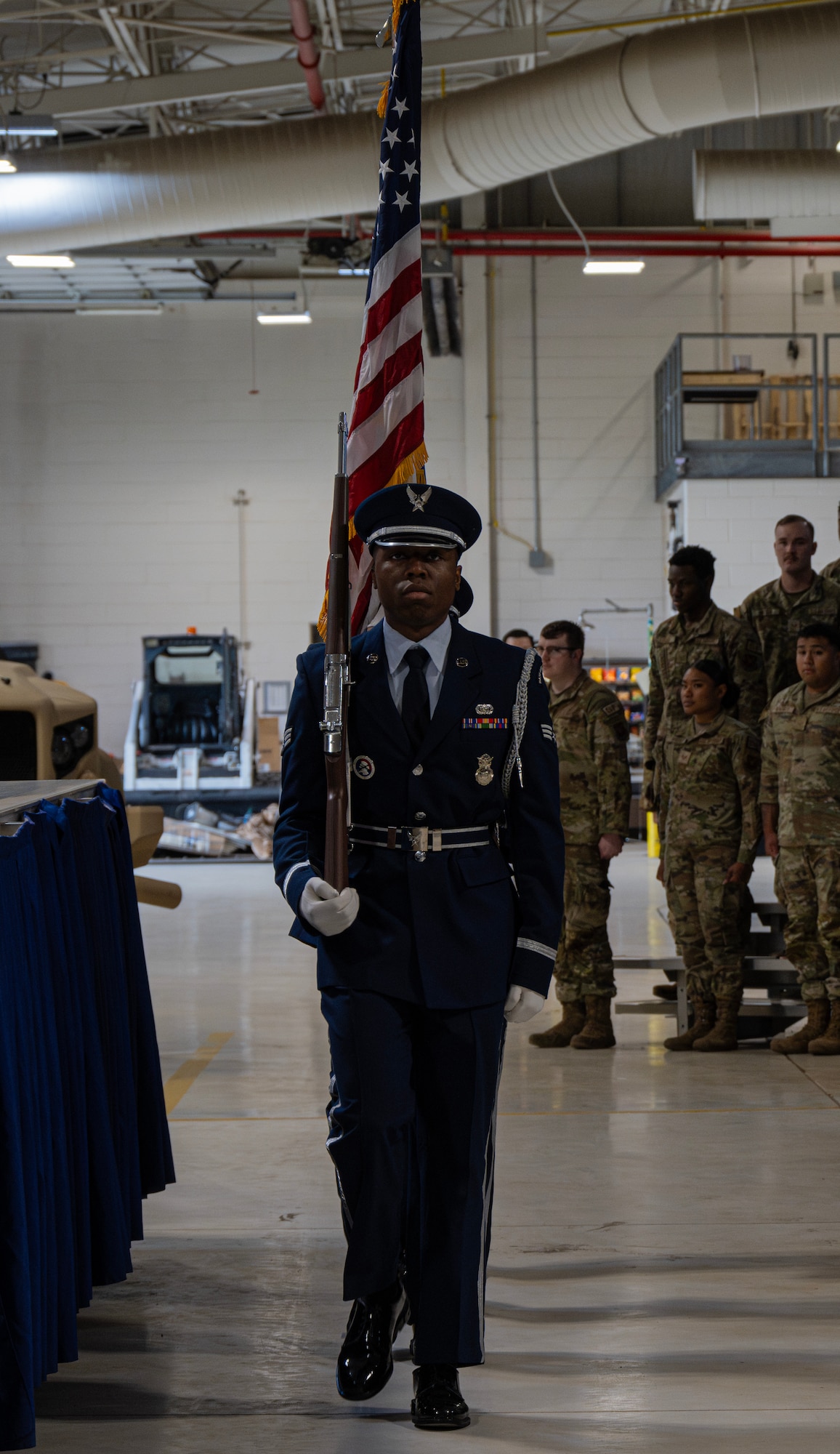 Minot Air Force Base Honor Guard presents the colors at the 91st Missile Wing (MW) change of command ceremony at Minot Air Force Base, North Dakota, June 18, 2024. The U.S. Air Force Honor Guard’s vision is to promote the Air Force mission, preserve their heritage and protect their standards and image. (U.S. Air Force photo by Airman 1st Class Alyssa Bankston)