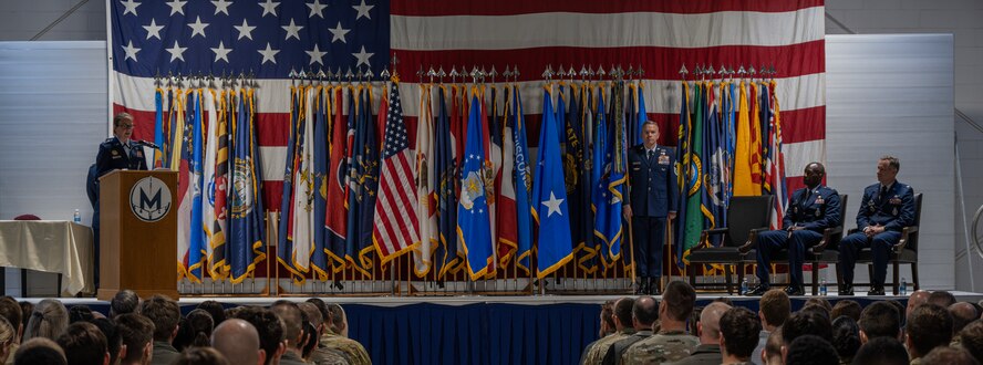 U.S. Air Force Maj. Gen. Stacy Huser, 20th Air Force commander, speaks during the 91st Missile Wing (MW) change of command ceremony at Minot Air Force Base, North Dakota, June 18, 2024. Huser welcomed the incoming 91st MW commander, U.S. Air Force Col. James Schlabach. (U.S. Air Force photo by Airman 1st Class Alyssa Bankston)