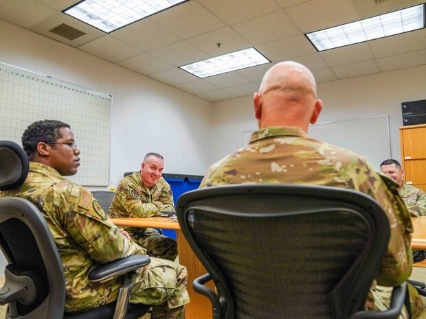 U.S. Air Force Chief Master Sgt. David Wolfe, command chief of Air Combat Command, meets with Airman Leadership School instructors at Beale Air Force Base, California, June 3, 2024.