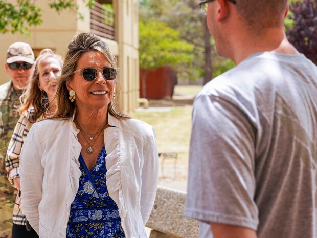 Cindy Wilsbach, wife of U.S. Air Force Gen. Ken Wilsbach, commander of Air Combat Command, tours dorms and speaks with residents at Beale Air Force Base, California, June 3, 2024.