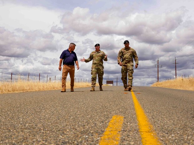 Michael Seymour, 9th Security Forces deputy director, U.S. Air Force Chief Master Sgt. David Wolfe, command chief of Air Combat Command and Chief Master Sgt. Christopher Ricks, 9th Security Forces Squadron senior enlisted leader, concluded a perimeter tour of Beale Air Force Base, California, June 3, 2024.