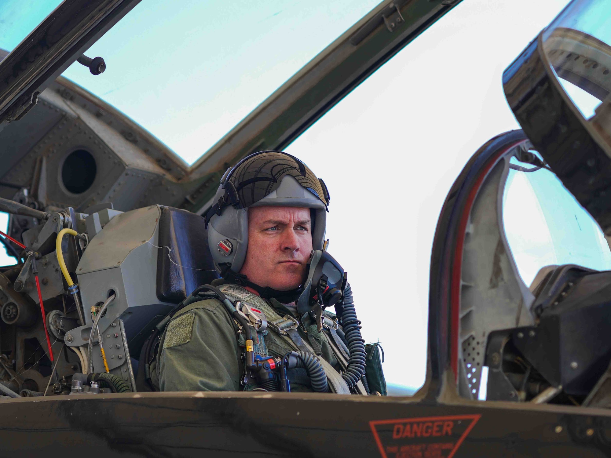 U.S. Air Force Chief Master Sgt. David Wolfe, command chief of Air Combat Command, sits in the back seat of a T-38 Talon before takeoff at Beale Air Force Base, California, June 5, 2024.