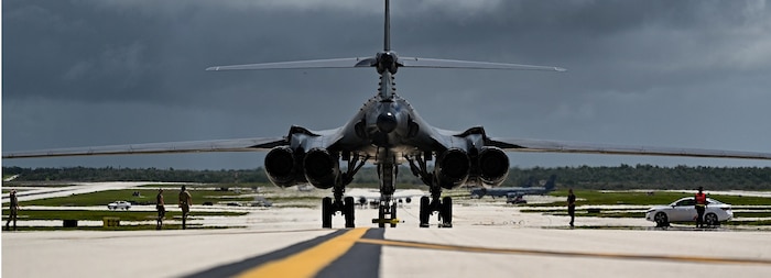 A B1-B Lancer assigned to the 37th Expeditionary Bomb Squadron sits on the flightline at Andersen Air Force Base, Guam, in support of a Bomber Task Force mission.