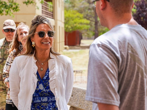 Cindy Wilsbach, wife of U.S. Air Force Gen. Ken Wilsbach, commander of Air Combat Command, tours dorms and speaks with residents at Beale Air Force Base, California, June 3, 2024.