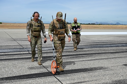 U.S. Air Force Master Sgt. Cameron Pointek, 9th Operations Support Squadron landing zone controller, U.S. Air Force Tech. Sgt. David Rost, 9th Operations Support Squadron landing zone controller, and U.S. Air Force Senior Master Sgt. Nathan Van Dyne, 9th Reconnaissance Wing Inspector General superintendent inspector general, cleared a U-2 Dragon Lady for take off from Beale Air Force Base, California, during EXERCISE READY DRAGON June 3, 2024.