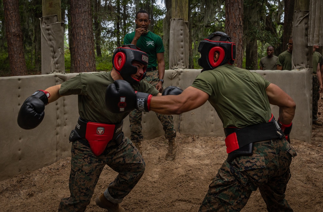 Recruits with Charlie Company, 1st Recruit Training Battalion, compete in body sparring on Marine Corps Recruit Depot Parris Island, S.C., June 13, 2024. Body sparring utilizes techniques learned from the Marine Corps Martial Arts Program. (U.S. Marine Corps photo by Lance Cpl. Ayden Cassano)