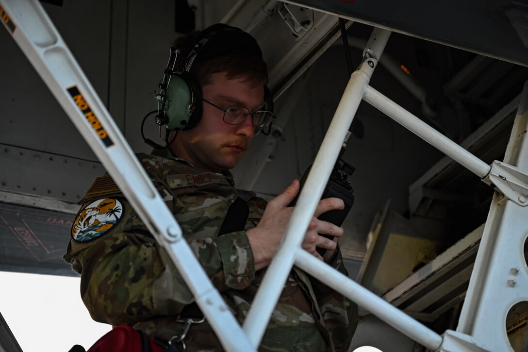 U.S. Air Force Senior Airman Nicholas Early, 28th Operations Support Squadron crew communications technician, performs pre-flight checks on a B-1B Lancer at Andersen Air Force Base, Guam, June 5, 2024, in support of Bomber Task Force 24-6. U.S. Bomber missions demonstrate the credibility of our forces to address a complex and uncertain security environment. (U.S. Air Force photo by Staff Sgt. Jake Jacobsen)