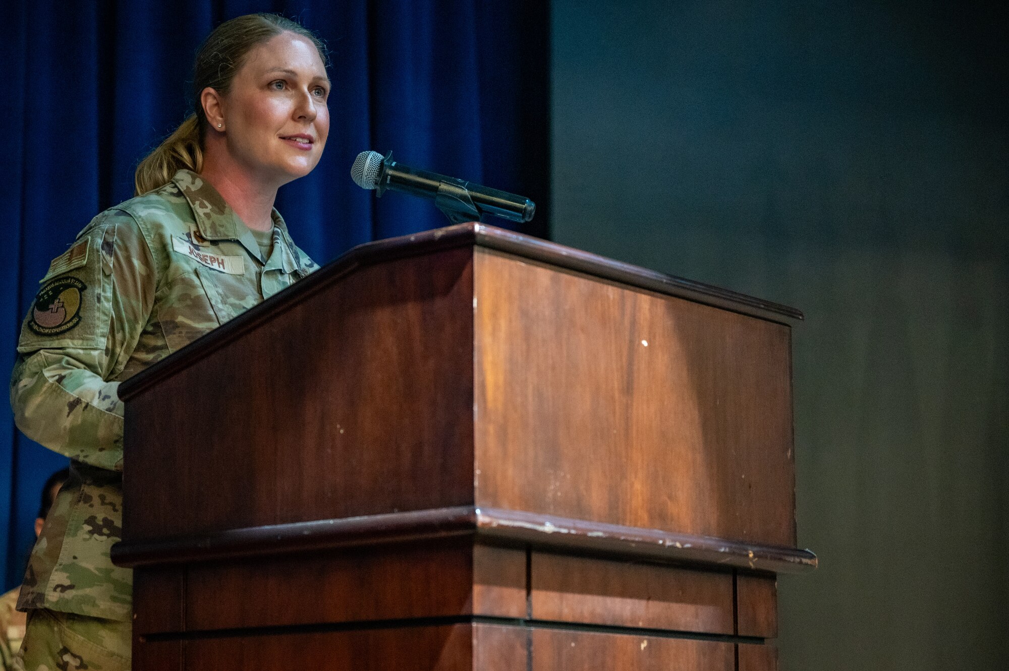U.S. Air Force Lt. Col. Susan Joseph, 51st Healthcare Operations Squadron commander, gives a farewell speech during a change of command ceremony at Osan Air Base, Republic of Korea, June 18, 2024. During her time at Osan AB, Joseph led 107 Airmen and executed $169 million in medical services. Change of command ceremonies are a long-standing military tradition that symbolize the official transfer of power and duties from the departing commander to the incoming commander. (U.S. Air Force photo by Airman 1st Class Chase Verzaal)