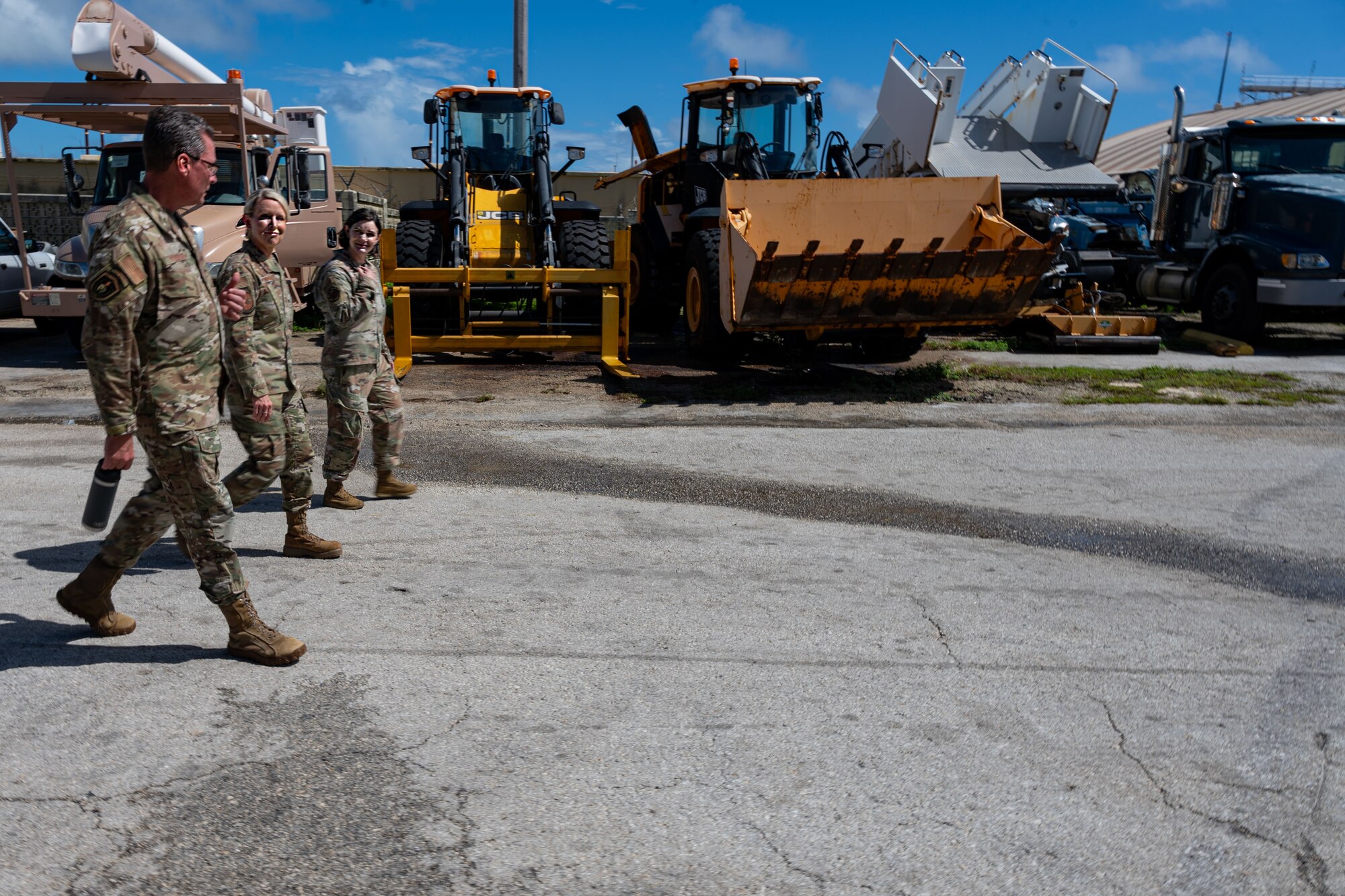 U.S. Air Force Lt. Gen. Laura Lenderman, left, Pacific Air Forces deputy commander, talks to Airmen assigned to the 36th Logistics Readiness Squadron during a tour at Andersen Air Force Base, Guam, June 13, 2024. Lenderman visited Andersen AFB to observe the Forward Edge’s mission sets. (U.S. Air Force photo by Senior Airman Jasmine M. Barnes)