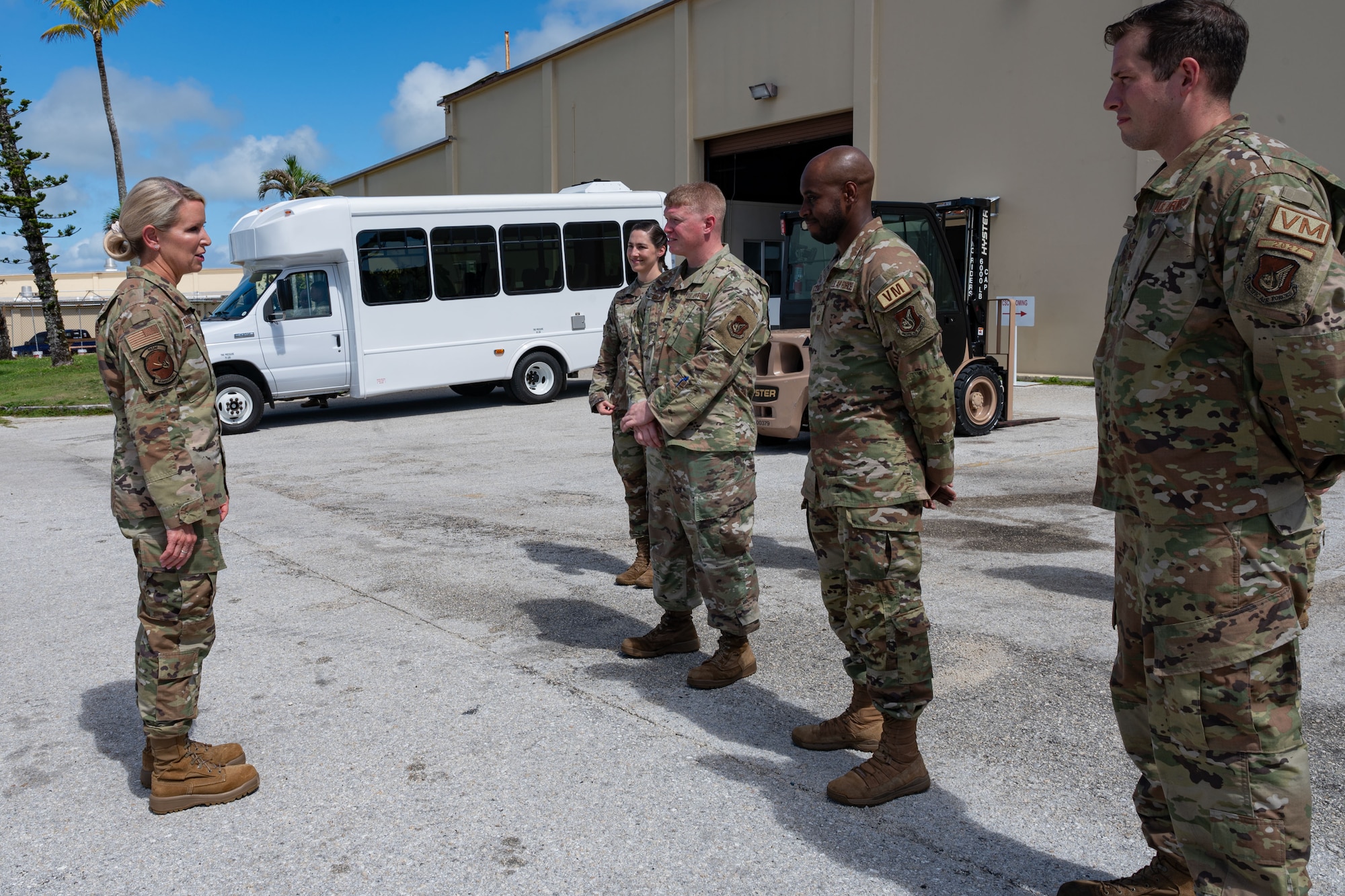 U.S. Air Force Lt. Gen. Laura Lenderman, left, Pacific Air Forces deputy commander, talks to Airmen assigned to the 36th Logistics Readiness Squadron during a tour at Andersen Air Force Base, Guam, June 13, 2024. Lenderman visited Andersen AFB to observe the Forward Edge’s mission sets. (U.S. Air Force photo by Senior Airman Jasmine M. Barnes)