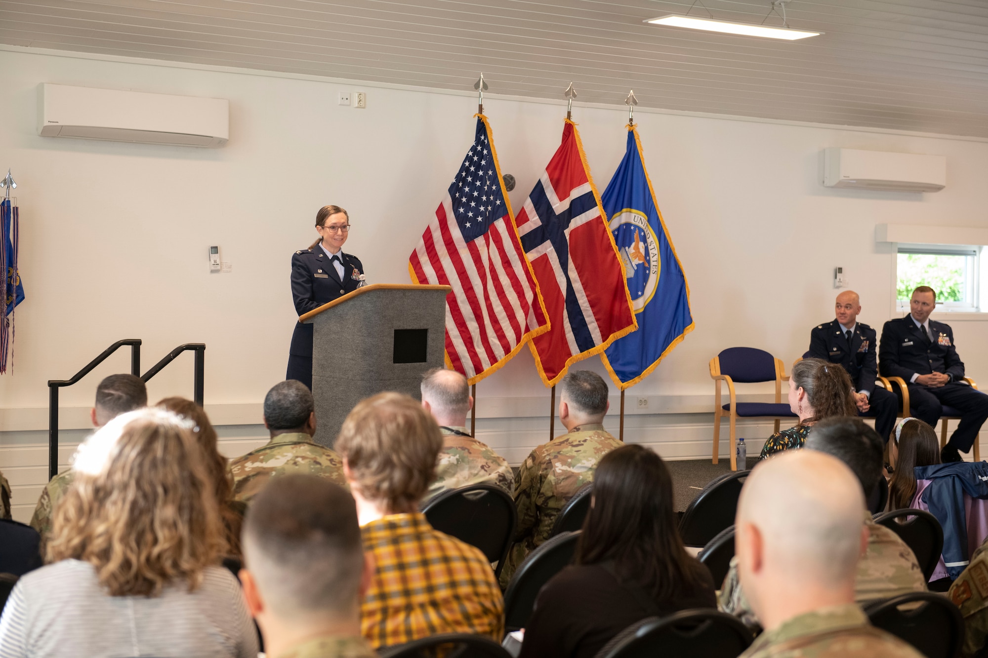 Col. Valarie A. Long, 423d Air Base Group commander, provides opening remarks for the 426th Air Base Group change of command on Jåttå Military Compound, Norway