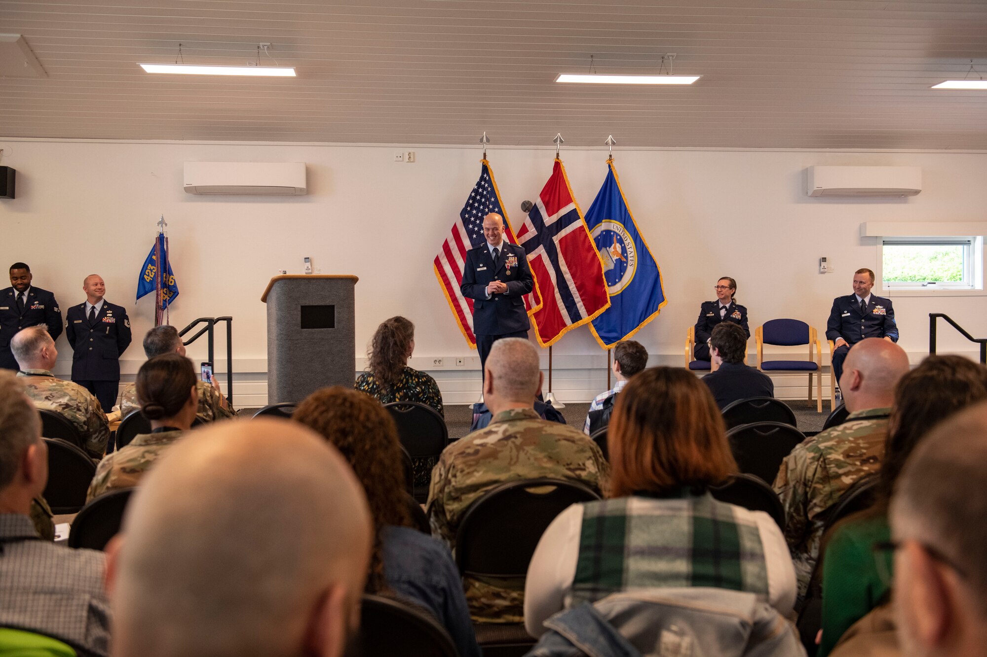 Lt. Col. Joseph H. Manning, 426th Air Base Squadron outgoing commander, provides remarks during the 426th ABS change of command ceremony on Jåttå Military Compound, Norway