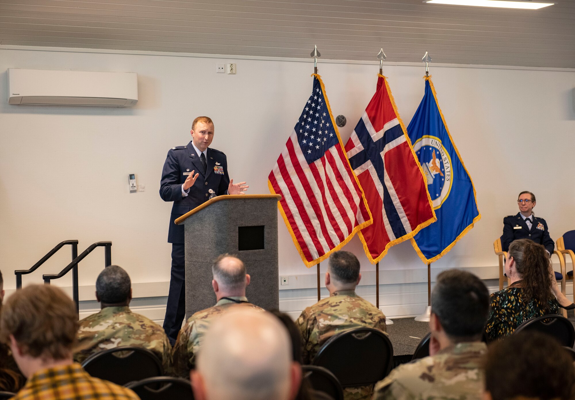 Lt. Col. Daniel A. Hayes, 426th Air Base Squadron incoming commander, provides remarks during the 426th ABS change of command ceremony on Jåttå Military Compound, Norway