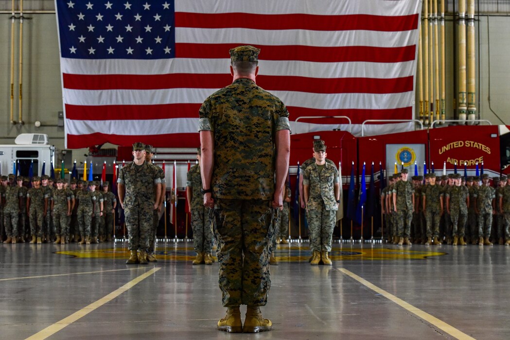 U.S. Marine Corps Lt. Col. Brian Meade, Marine Corps Detachment Goodfellow commander, prepares to dismiss the formation after the change of command ceremony at the Louis F. Garland Department of Defense Fire Academy, Goodfellow Air Force Base, Texas, June 18, 2024. The mission of MCD Goodfellow is to provide administrative, logistical and comprehensive training support to staff and students in the occupational fields of signals intelligence and expeditionary firefighting and rescue in order to deliver technically proficient, combat-capable Marines to the operating force and supporting establishment. (U.S. Marine Corps photo by Cpl. Jessica Roeder)