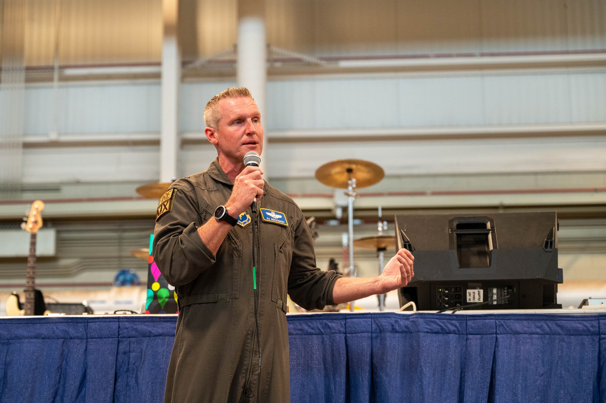 U.S. Air Force Brig. Gen. Jason Rueschhoff, 56th Fighter Wing commander, speaks to attendees during an honorary commander farewell event, June 14, 2024, at Luke Air Force Base, Arizona.