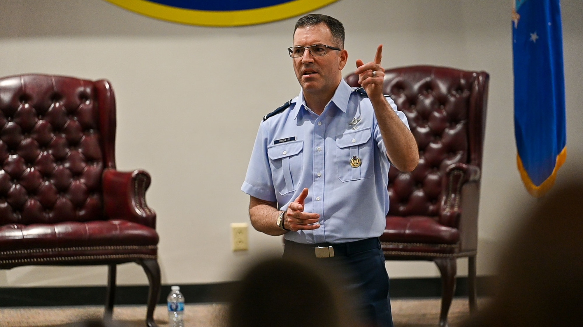 Photo of Maj. Gen. Sean Choquette talking to safety trainees at schoolhouse