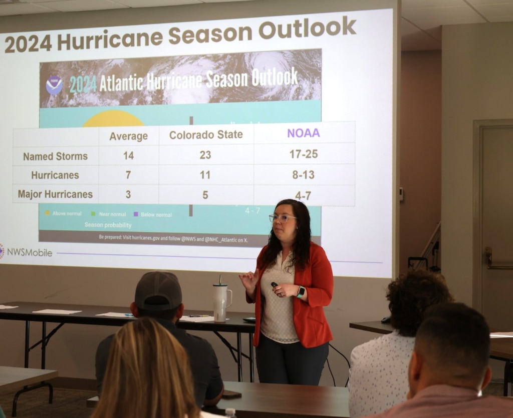 Woman standing in front of a classroom giving a presentation on hurricanes.
