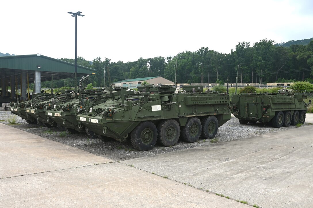 Stryker vehicles from the 56th Stryker Brigade Combat Team await shipment at Fort Indiantown Gap, Pa. The 56th SBCT is turning in 322 old Strykers and receiving 316 upgraded vehicles. (Pennsylvania National Guard photo by Brad Rhen)