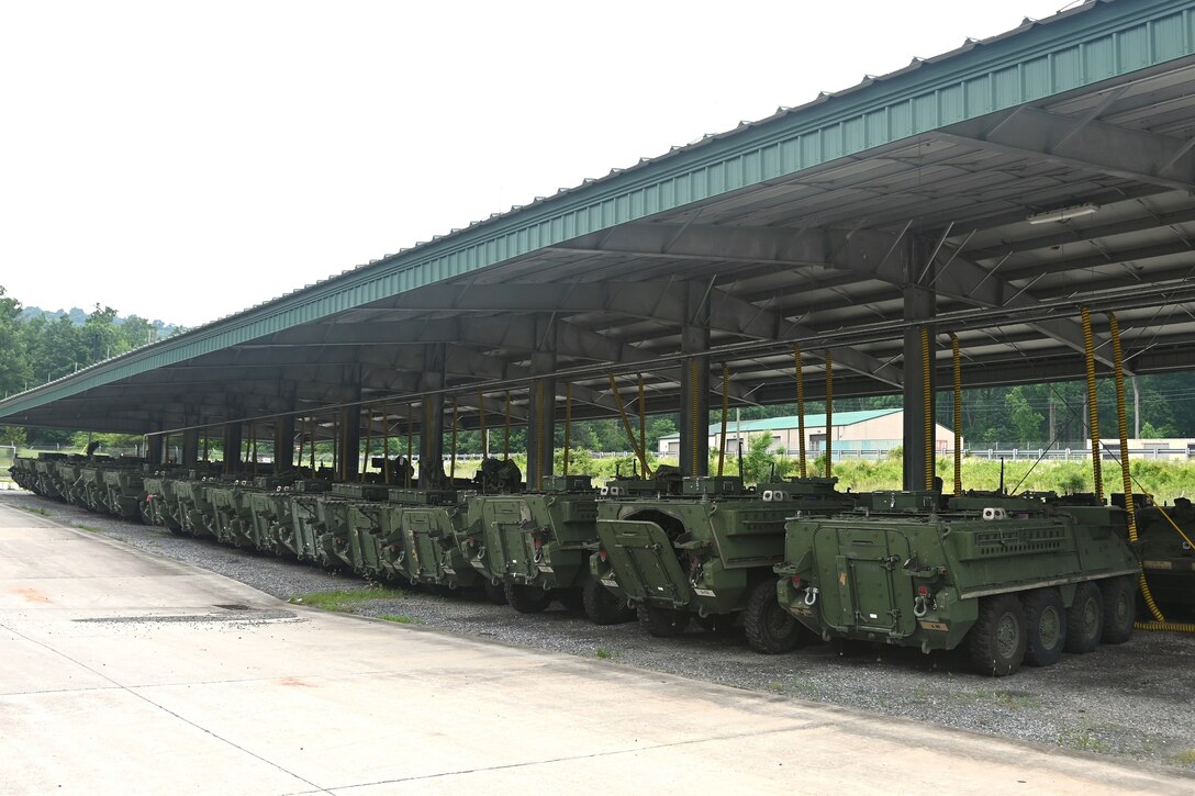 Stryker vehicles from the 56th Stryker Brigade Combat Team await shipment at Fort Indiantown Gap, Pa. The 56th SBCT is turning in 322 old Strykers and receiving 316 upgraded vehicles. (Pennsylvania National Guard photo by Brad Rhen)
