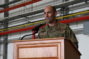 Col. Matthew R. McDonough, incoming commander, District of Columbia Air National Guard, gives remarks at the change of command ceremony