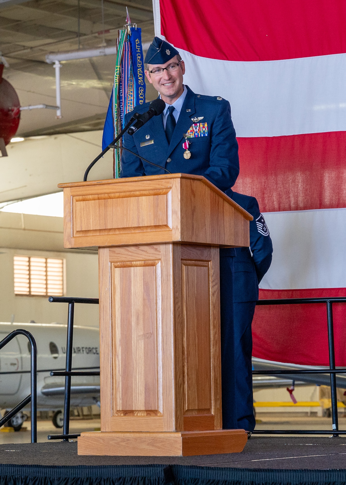 U.S. Air Force Lt. Col. Jackson Ranes, former 86th Flying Training Squadron (FTS) commander, gives a speech during the 86th FTS change of command ceremony at Laughlin Air Force Base, Texas, June 14, 2024. During his time in command, he oversaw the 86th FTS and graduated over 360 Air Force pilots across six syllabi and coordinated the 86th FTS to support over 50 air shows throughout the US. (U.S. Air Force photo by Staff Sgt. Nicholas Larsen)