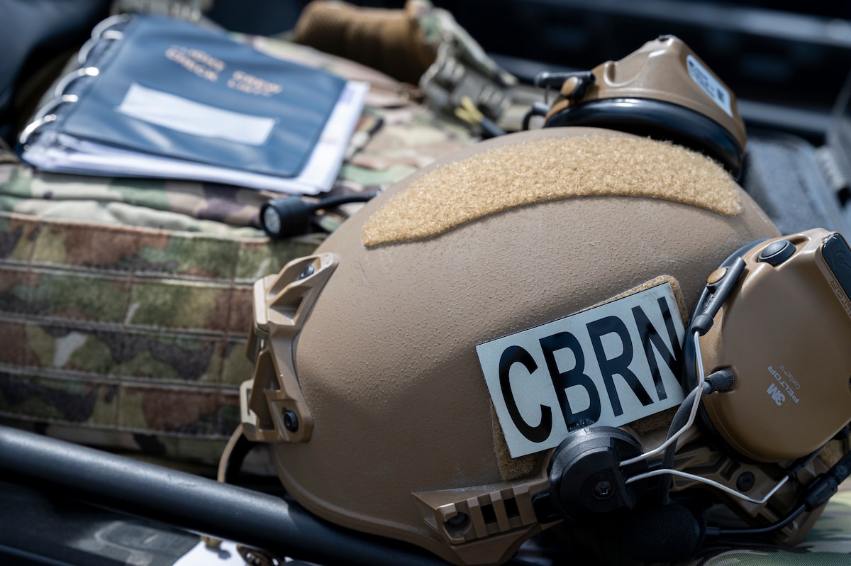A helmet belonging to an airman rest before.