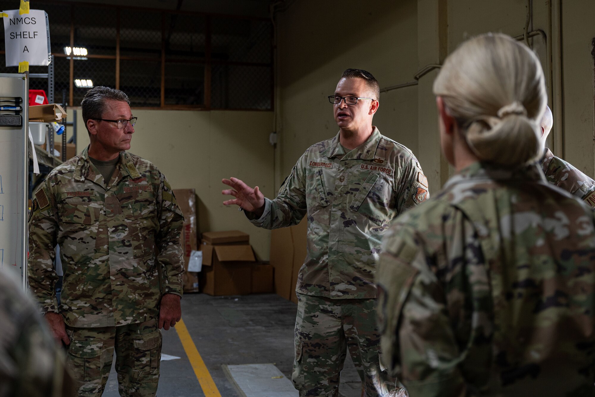 U.S. Air Force Lt. Gen. Laura Lenderman, left, Pacific Air Forces deputy commander, talks to Airmen assigned to the 36th Logistics Readiness Squadron during a tour at Andersen Air Force Base, Guam, June 13, 2024. Lenderman visited Andersen AFB to observe the Forward Edge’s mission sets. (U.S. Air Force photo by Senior Airman Jasmine M. Barnes)