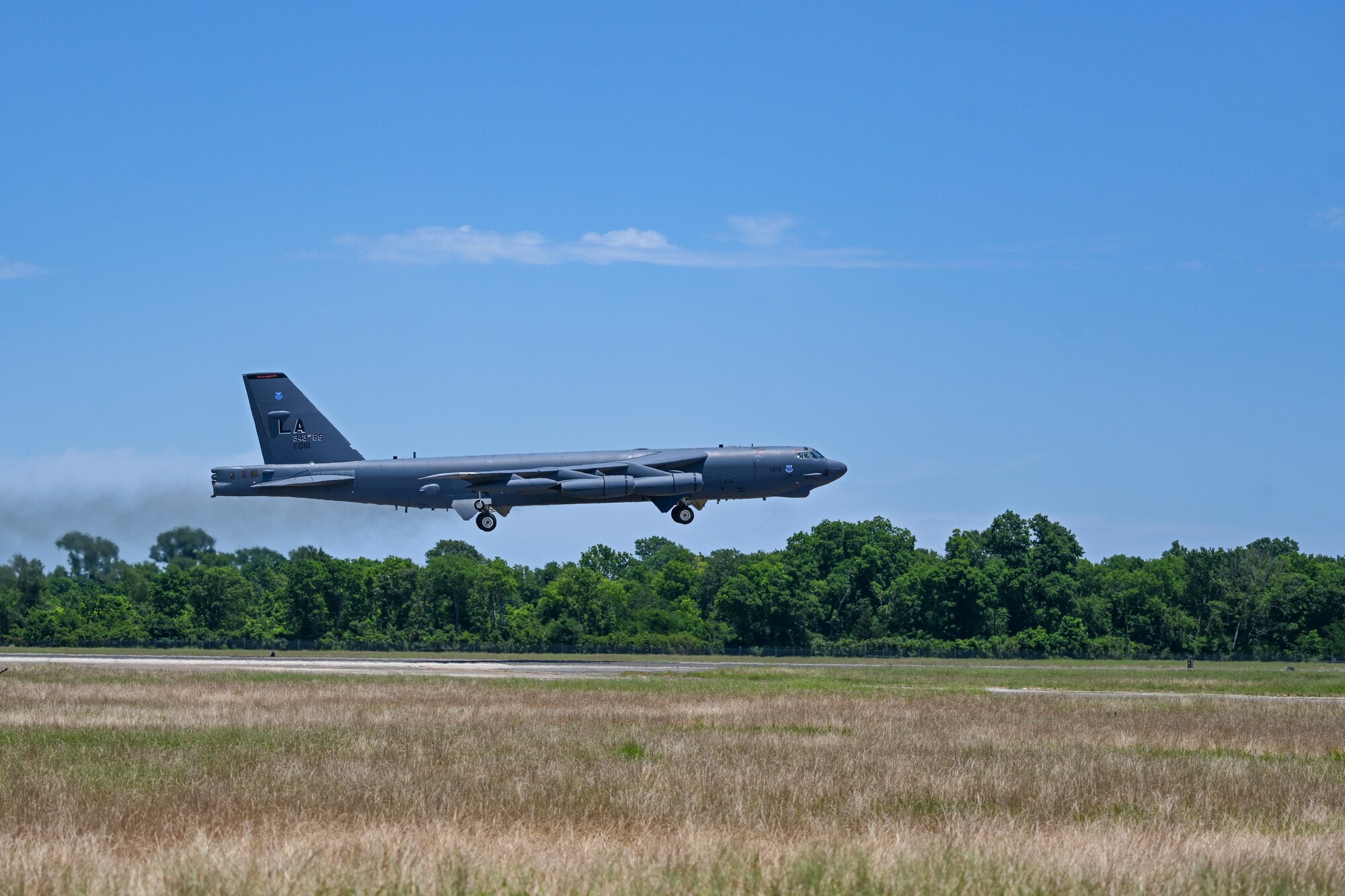 A B-52H Stratofortress piloted by the 96th Bomb Squadron takes off from Barksdale Air Force Base during exercise Bayou Warrior, June 11, 2024. Exercise Bayou Warrior tests the wing’s ability to generate, load, and deliver conventional weapons in a simulated training environment. (U.S. Air Force Photo by Senior Airman Nia Jacobs)