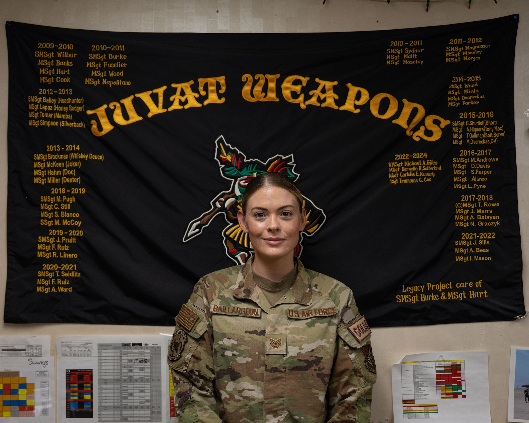 .S. Air Force Tech. Sgt. Danielle Baillargeon, 80th Fighter Generation Squadron weapons team chief, poses for a photo in front of the 80th FGS weapons flag at Kunsan Air Base, Republic of Korea.