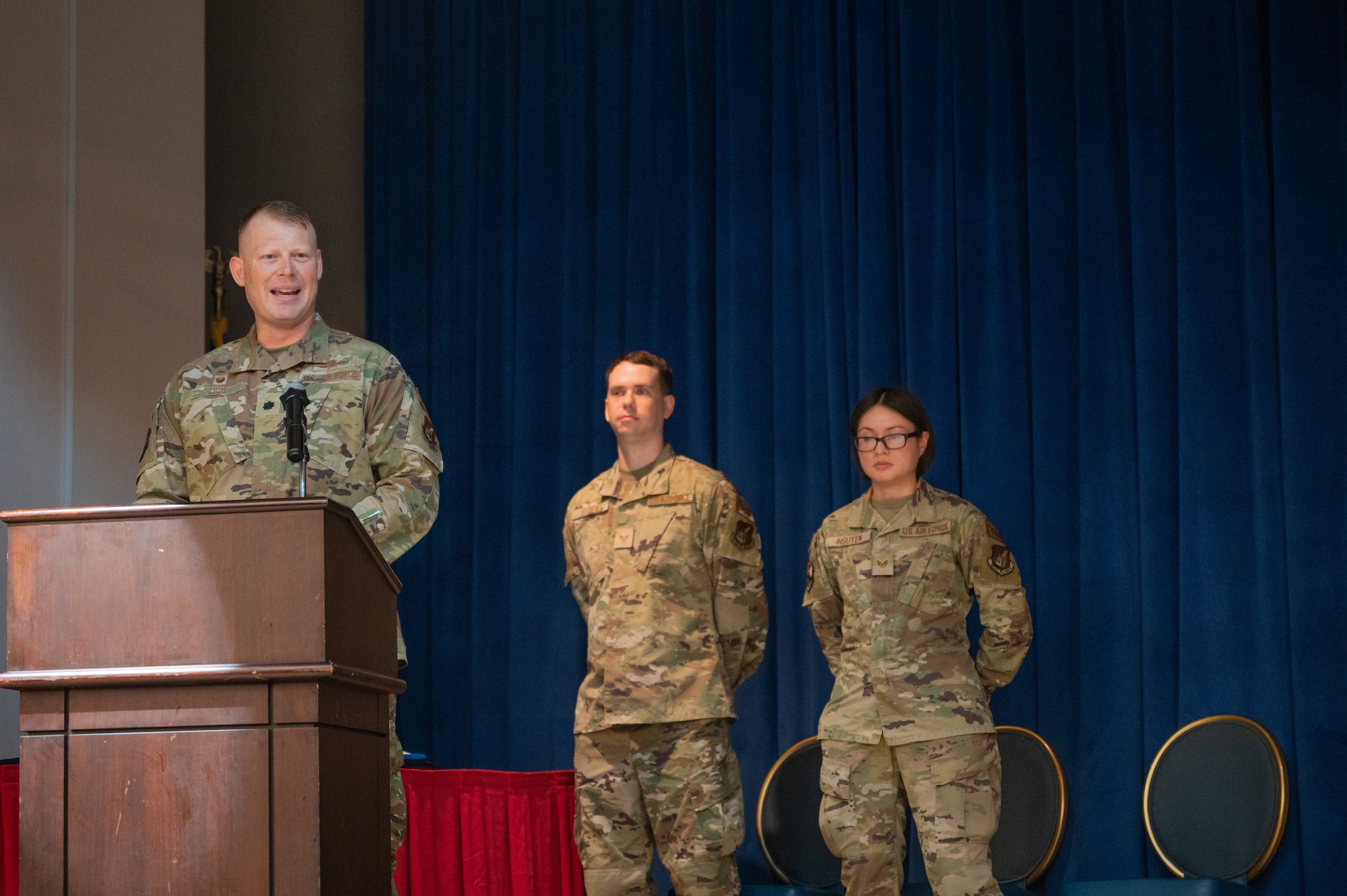 U.S. Air Force Lt. Col. Justin Lyon, 51st Communications Squadron commander, gives his first speech to his squadron during a change of command ceremony at Osan Air Base, Republic of Korea, June 21, 2024. Lyon will be responsible for enabling Osan’s operations to defend the base, execute contingency operations, and sustain the force through secure, reliable and mission-ready cyberspace capabilities. (U.S. Air Force photo by Staff Sgt. Christopher Tam)