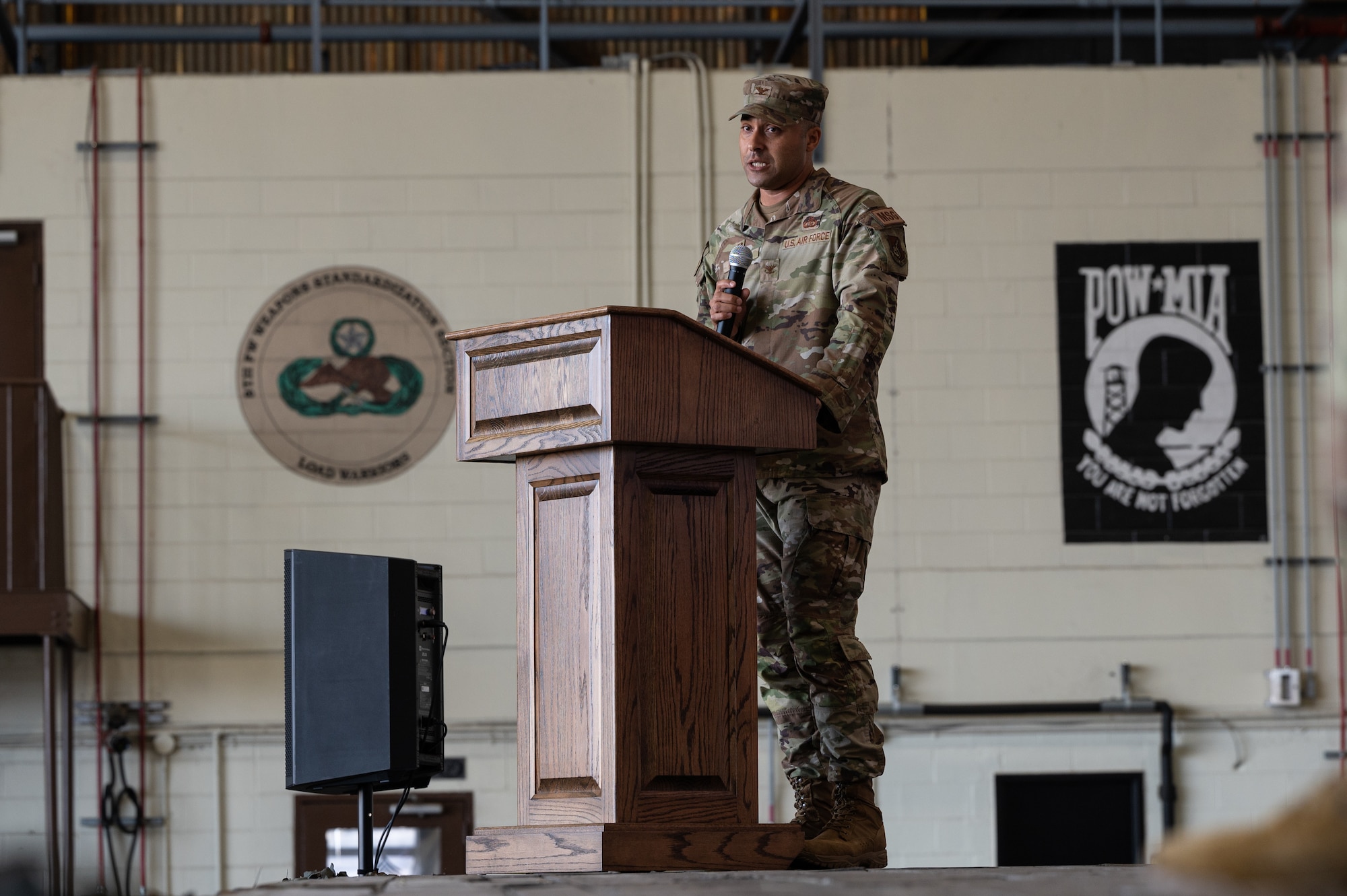 U.S. Air Force Col. Joshua Hawkins, 8th Mission Support Group incoming commander, addresses attendees of the 8th MSG change of command ceremony at Kunsan Air Base, Republic of Korea.