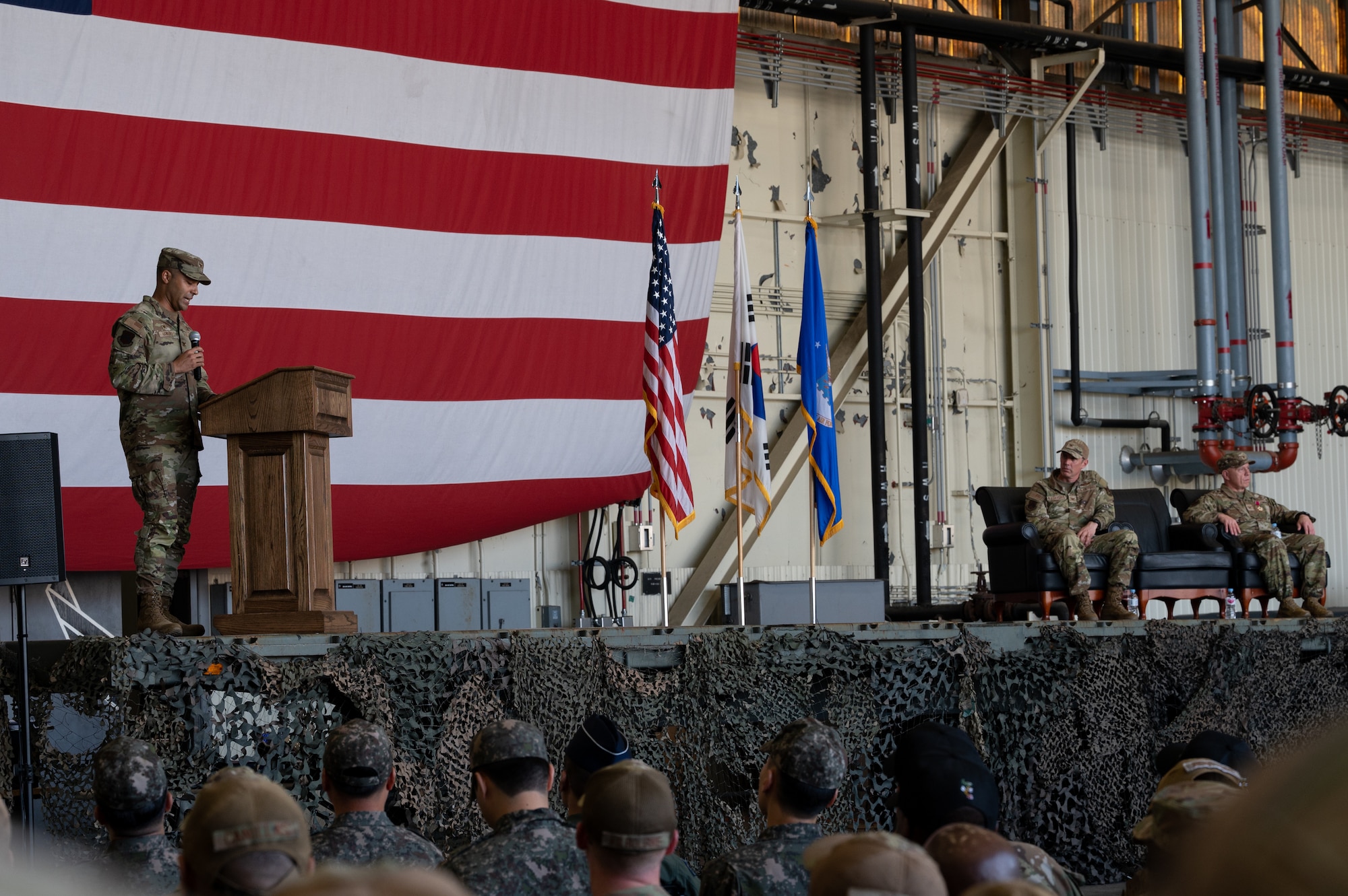 U.S. Air Force Col. Joshua Hawkins, 8th Mission Support Group incoming commander, addresses attendees of the 8th MSG change of command ceremony at Kunsan Air Base, Republic of Korea.
