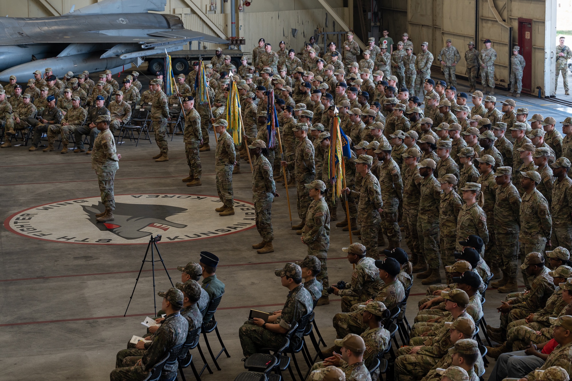 8th Mission Support Group Airmen stand in formation during the 8th MSG change of command ceremony at Kunsan Air Base, Republic of Korea.