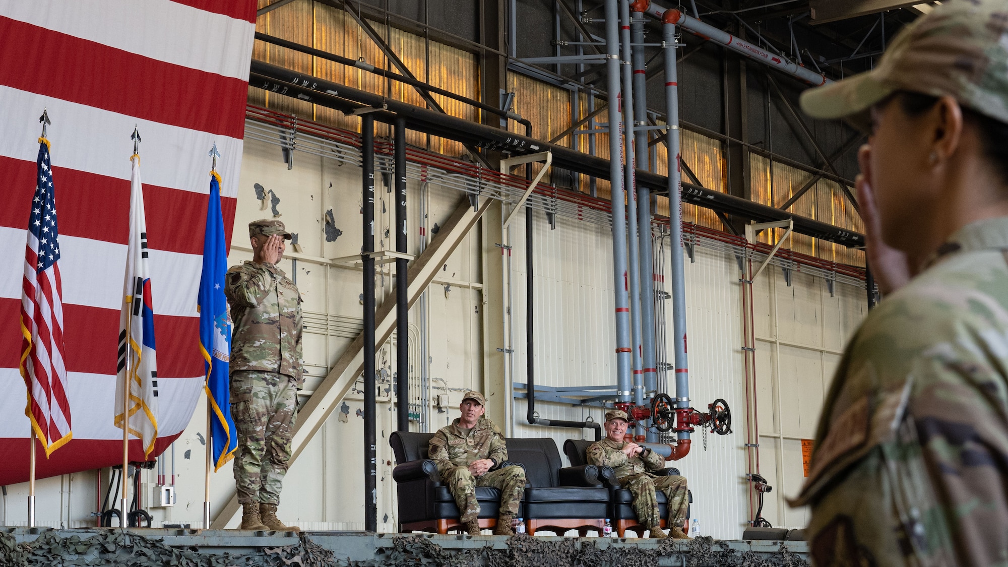 U.S. Air Force Col. Joshua Hawkins, 8th Mission Support Group incoming commander, renders his first salute as commander during the 8th MSG change of command ceremony at Kunsan Air Base, Republic of Korea.