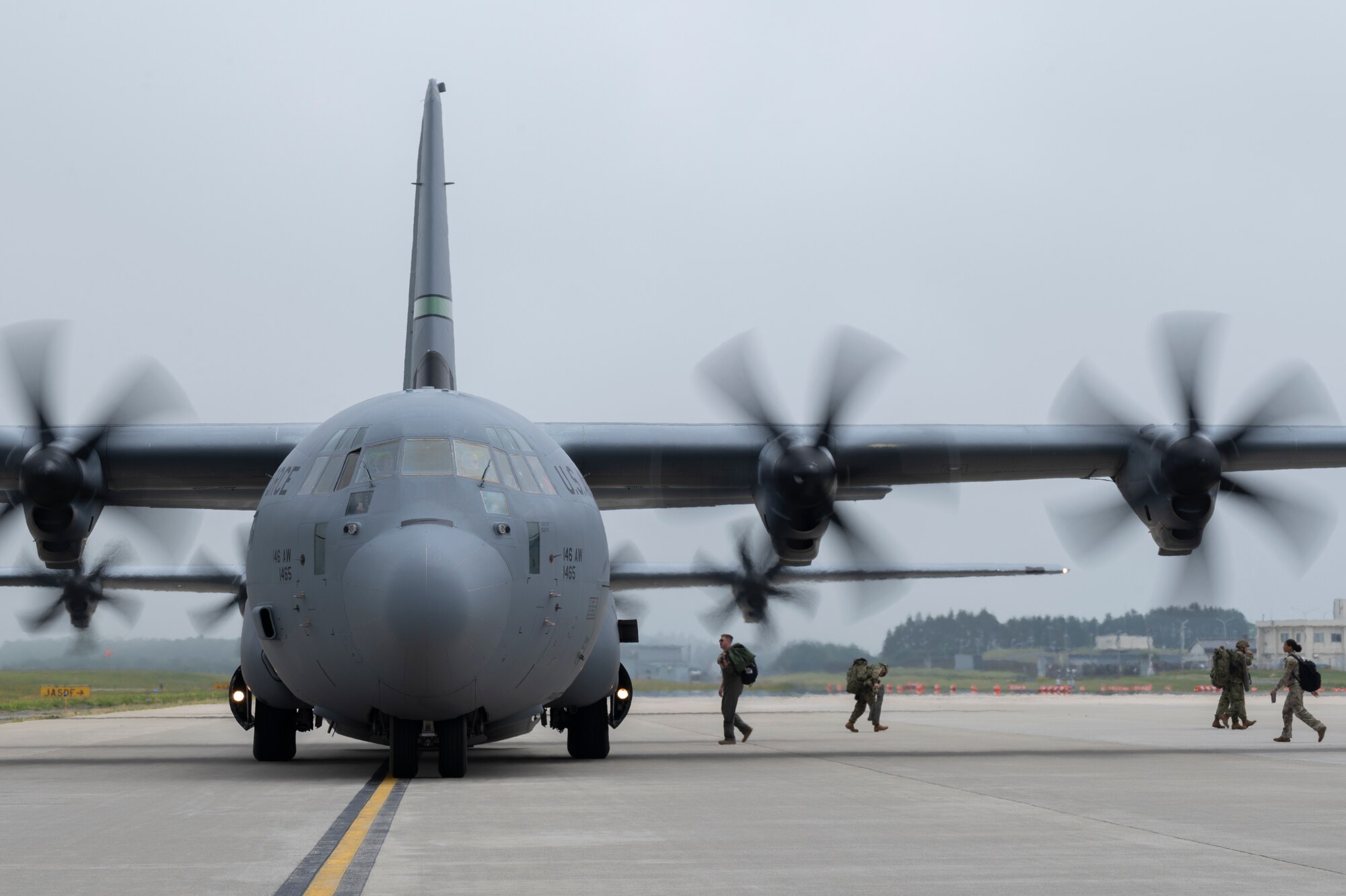 A U.S. Air National Guard C-130J Super Hercules assigned to the 115th Airlift Squadron taxis before takeoff.