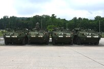 Stryker vehicles from the 56th Stryker Brigade Combat Team await shipment at Fort Indiantown Gap, Pa., June 5, 2024. The 56th SBCT is turning in 322 old Strykers and receiving 316 upgraded vehicles.