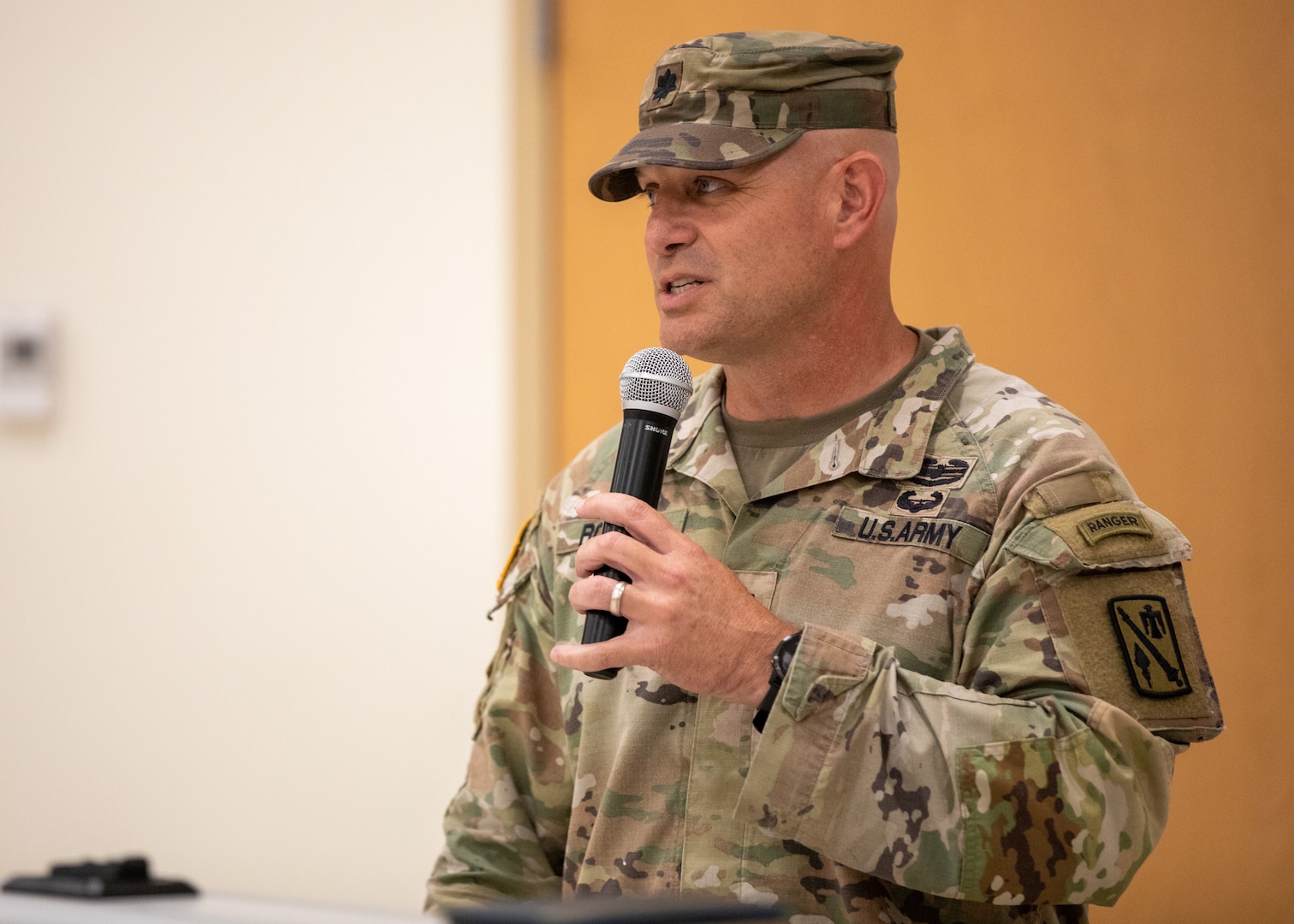 Lt. Col. William Kale Rogers, incoming commander of the 45th Field Artillery Brigade, Oklahoma Army National Guard, speaks during a change of command ceremony held at the Mustang Armed Forces Reserve Center in Mustang, Oklahoma, on June 15, 2024. The changing of command signifies the transfer of responsibility from outgoing commander Col. Johnnie Dale Moss, to incoming commander, Rogers. (Oklahoma National Guard photo by Pfc. Brooklyn Clark)