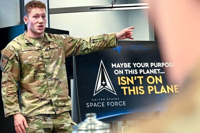 U.S. Air Force Academy Cadet 2nd Class John Stevenson, i5 Space national director, delivers a presentation on the organization to ROTC cadets at other educational institutions, including the University of Oklahoma, University of Texas at Austin and Yale University in the Space Delta 13 detachment May 2, 2024. (U.S. Air Force photo by Staff Sgt. Michael Ward)
