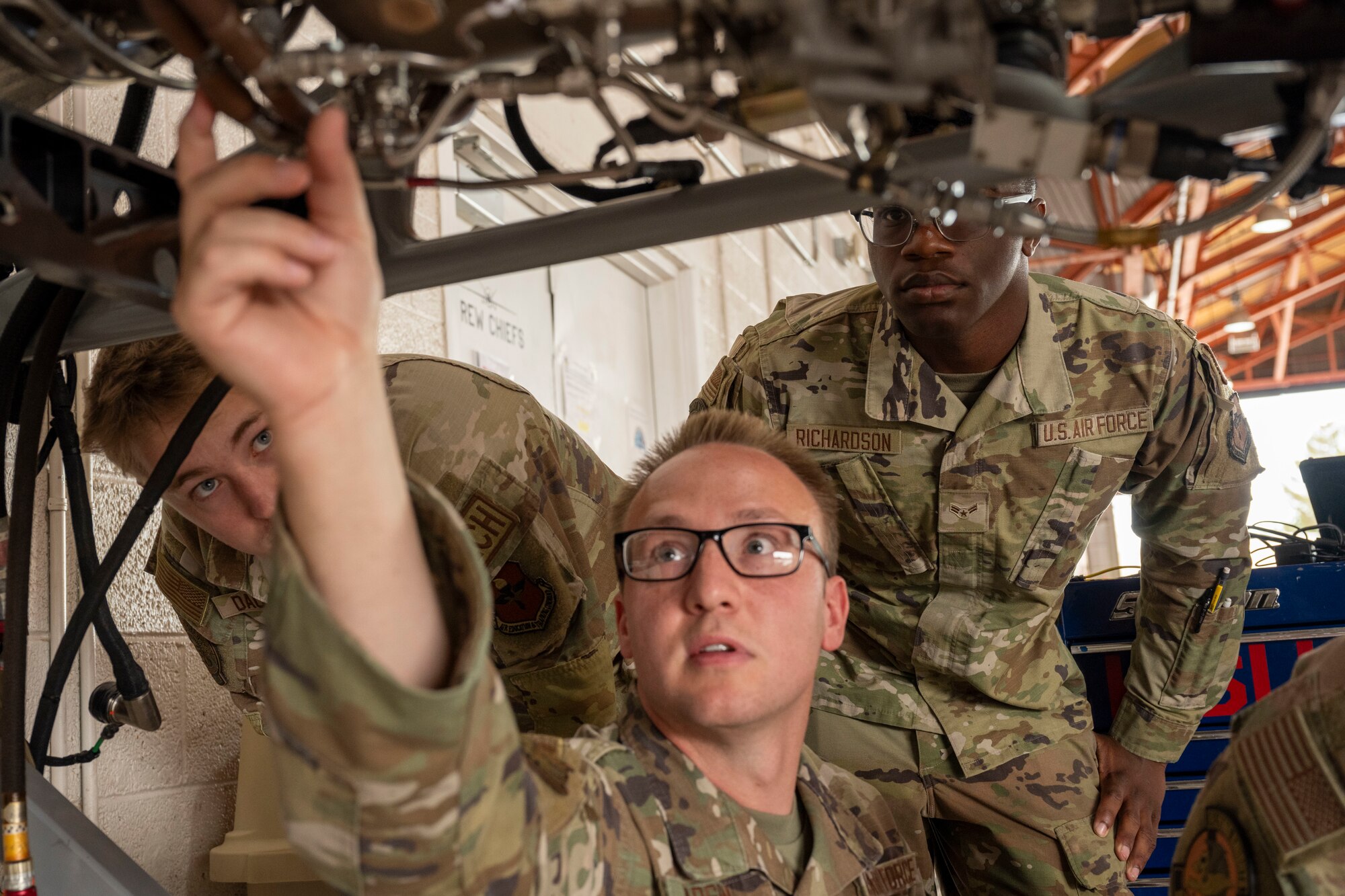 Airmen from the 29th Aircraft Maintenance Unit complete a 200-hour engine inspection as part of the Multi-Capable Airmen training program at Holloman Air Force Base, New Mexico, June 14, 2024. The MCA training program helps train and prepare Airmen for various tasks that contribute to the mission. (U.S. Air Force photo by Airman 1st Class Michelle Ferrari)