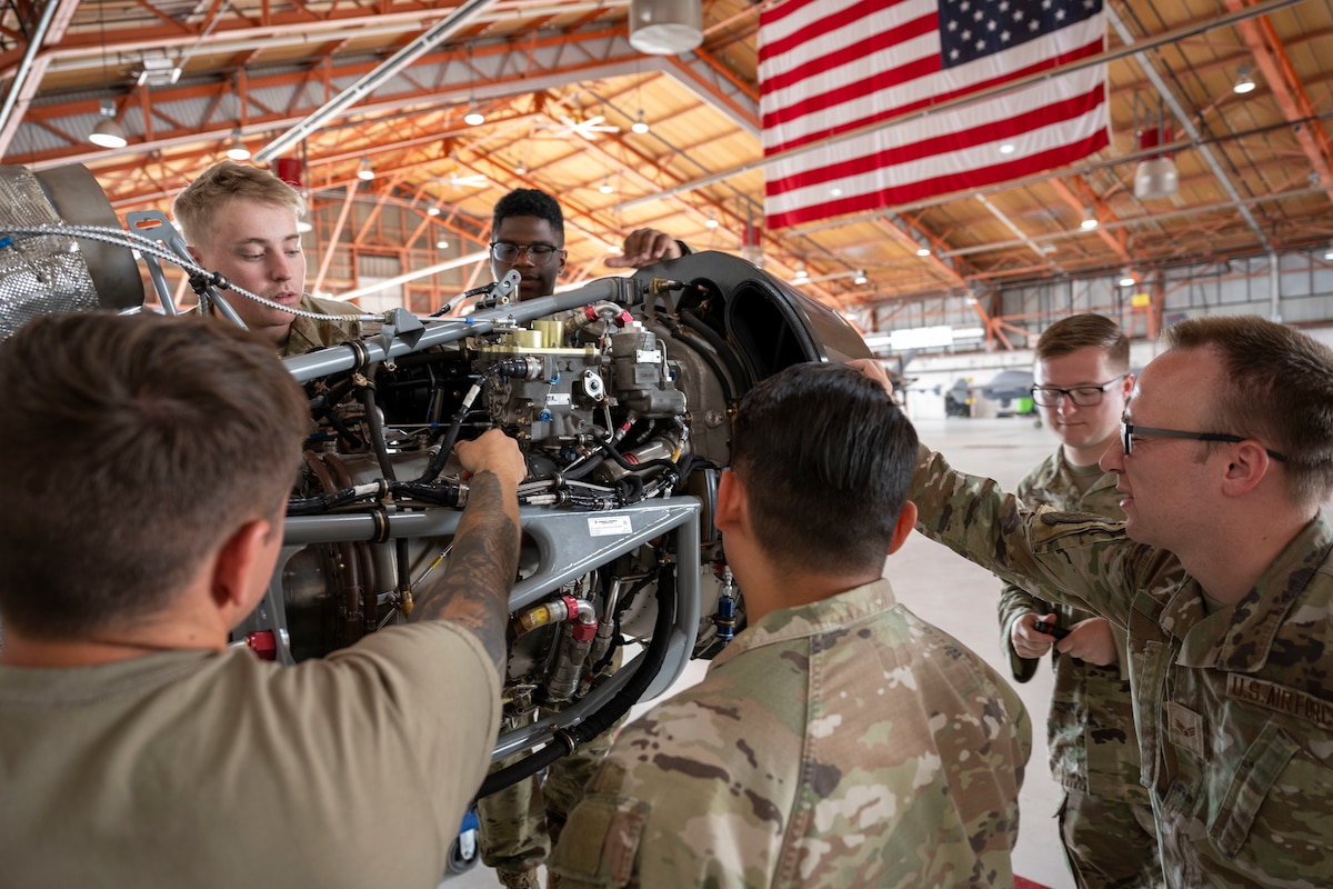 Airmen from the 29th Aircraft Maintenance Unit complete a 200-hour turboprop engine inspection as part of the Multi-Capable Airmen training program at Holloman Air Force Base, New Mexico, June 14, 2024. The MCA training program has helped train and prepare Airmen for various tasks that contribute to the mission. (U.S. Air Force photo by Airman 1st Class Michelle Ferrari)