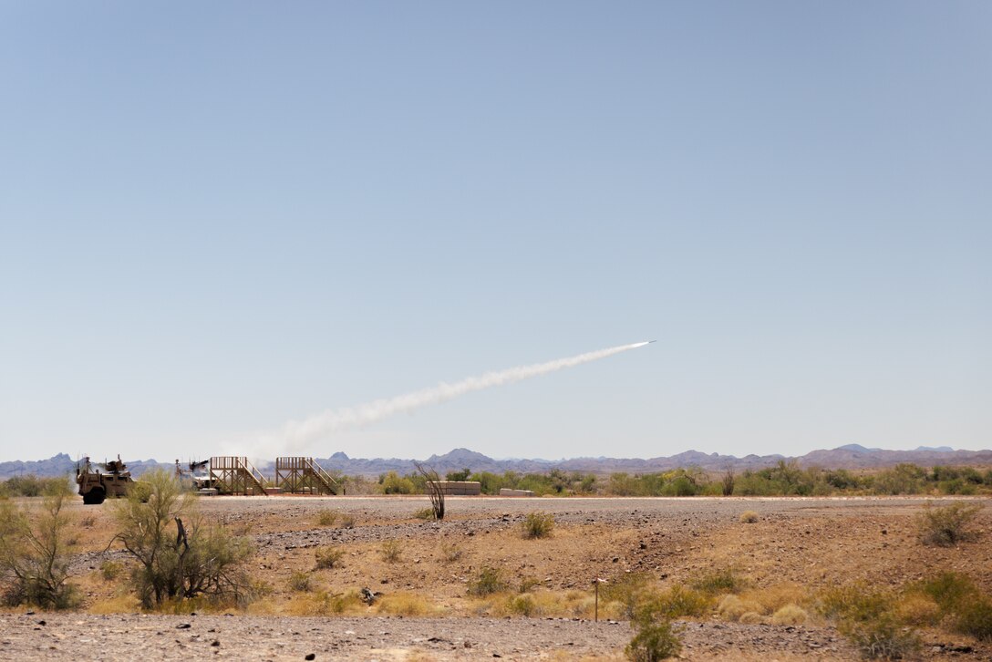 U.S. Marines 3d Littoral Anti-Air Battalion, 3d Marine Littoral Regiment, 3d Marine Division, fire a Stinger Missile from a Marine Air Defense Integrated System (MADIS) at Yuma Proving Ground, Arizona, May 29, 2024.
