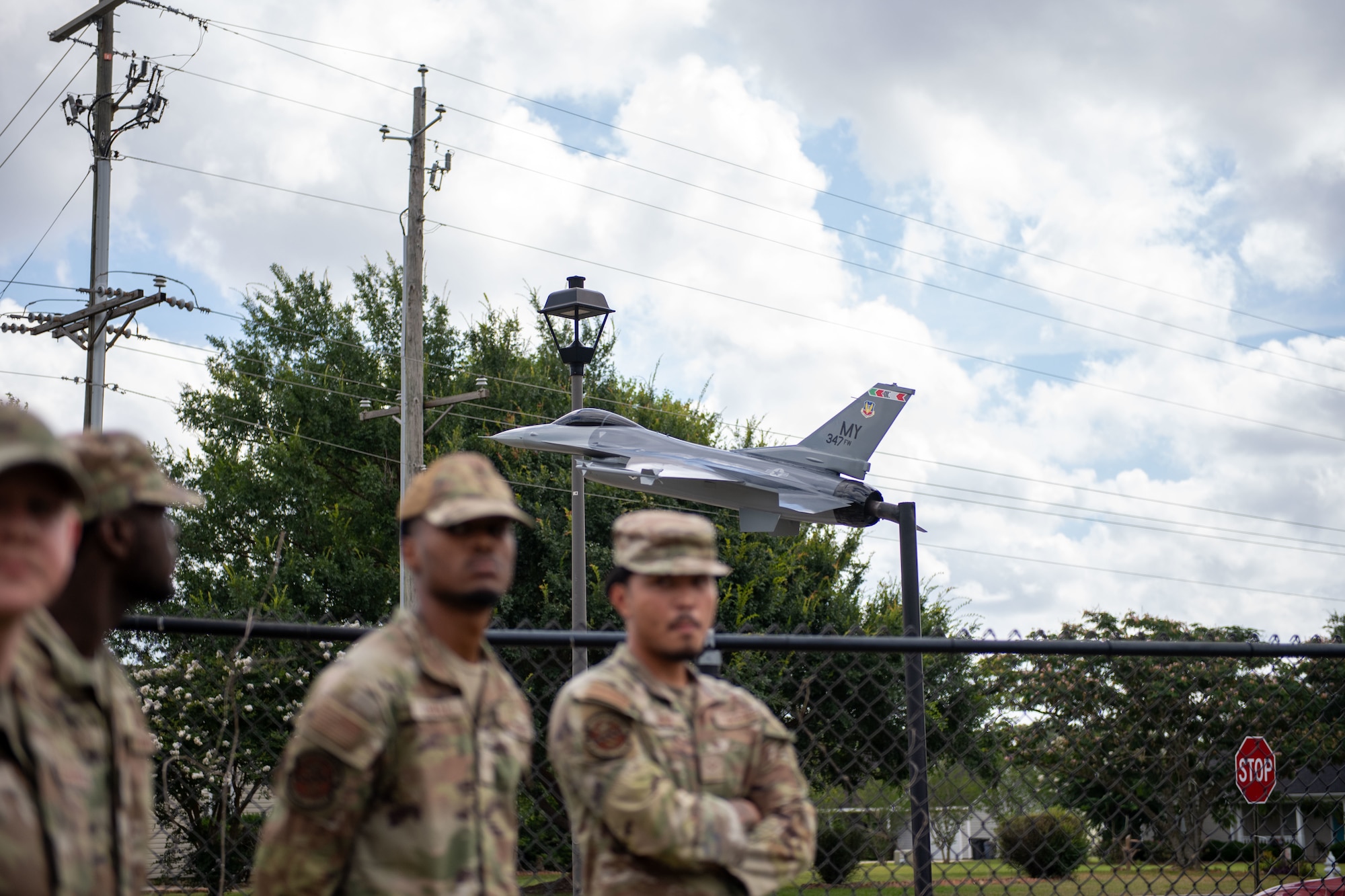 U.S. Air Force Airmen from the 23rd Maintenance Group pose for a photo in front of a newly renovated F-16 Fighting Falcon static display at Freedom Park, Valdosta, Georgia, June 18, 2024. The renovation process of the F-16 Fighting Falcon took over two months to fully complete with the efforts of nearly a dozen Airmen. (U.S. Air Force photo by 2nd Lt. Benjamin Williams).